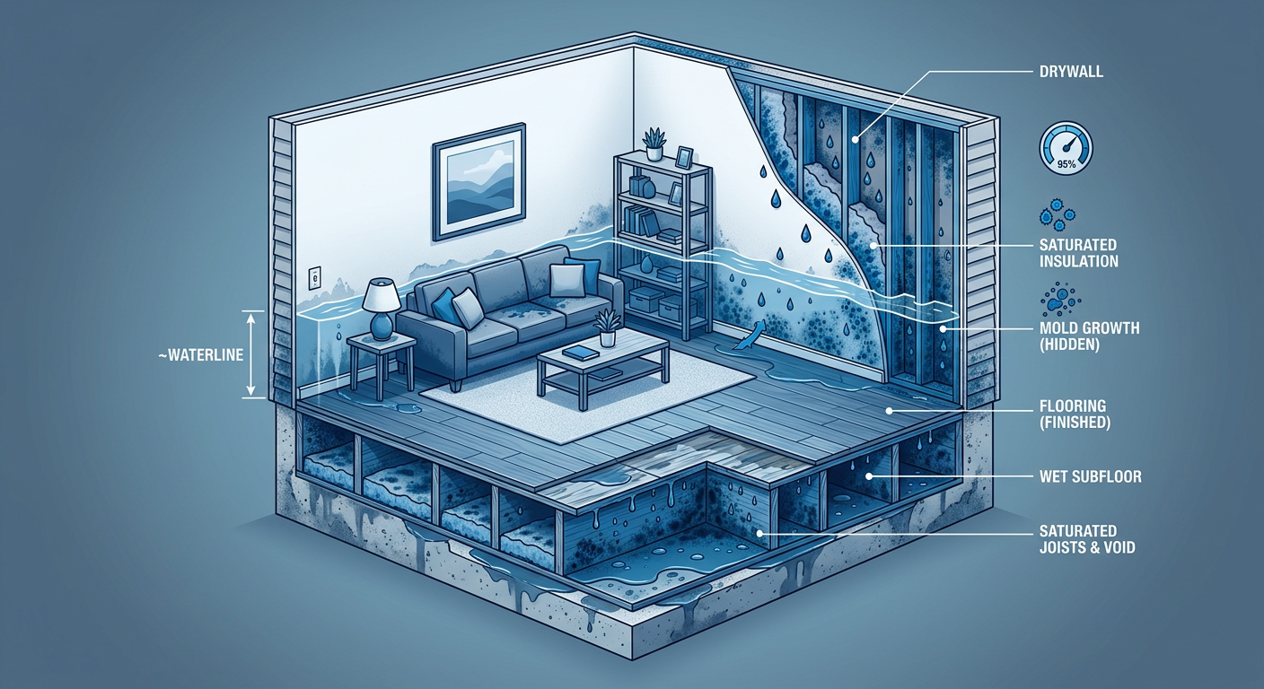 Modern cutaway-style illustration of a flooded home room showing hidden moisture under flooring and behind drywall, profes...