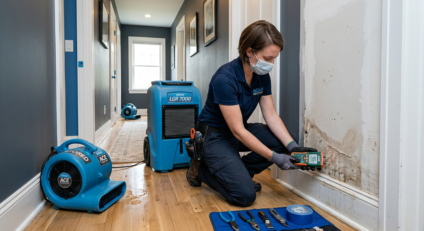 Photorealistic interior scene of a restoration technician using a moisture meter on wet drywall near baseboards, air mover...