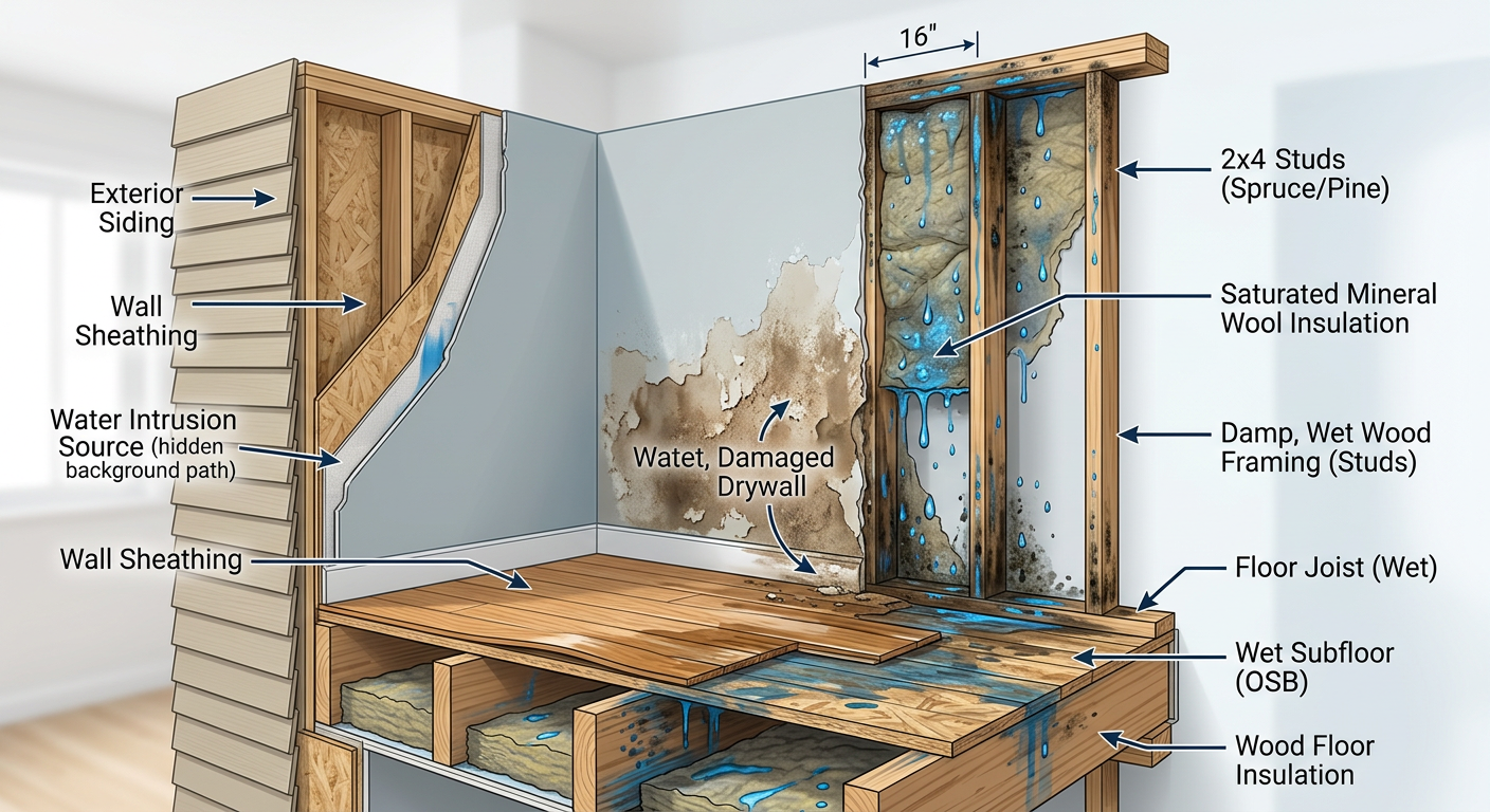 Modern illustrative cutaway view of a home wall showing hidden damp drywall, insulation, wood framing, and flooring layers...