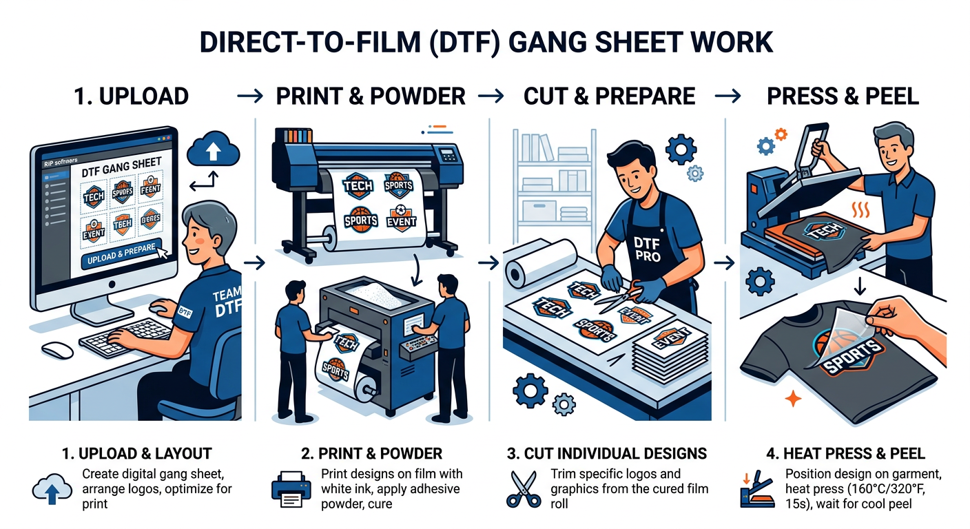 Modern instructional-style illustration of a DTF gang sheet workflow from upload to print, cut, press, and peel, clean min...