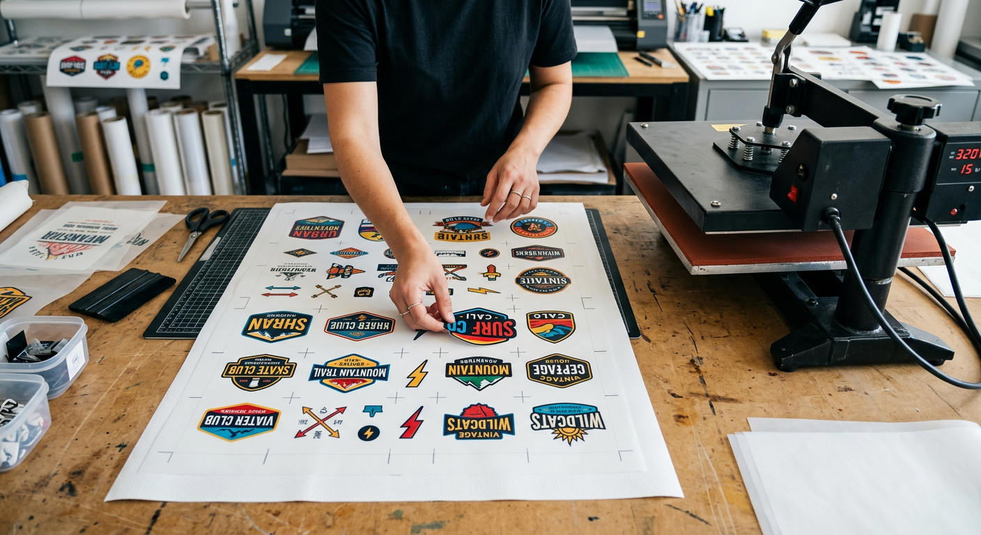 Overhead photorealistic close-up of hands arranging colorful apparel logos on a DTF gang sheet layout beside a heat press,...