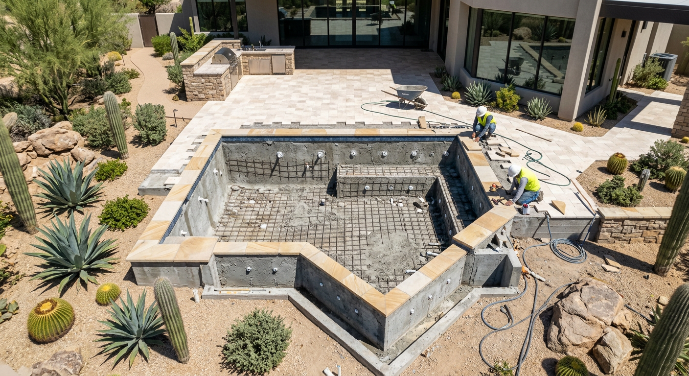 Custom Spool Builder: Luxury Backyard Design in Scottsdale AZ Photorealistic overhead view of a modern custom spool under construction in a Scottsdale luxury backyard, showing stone co...