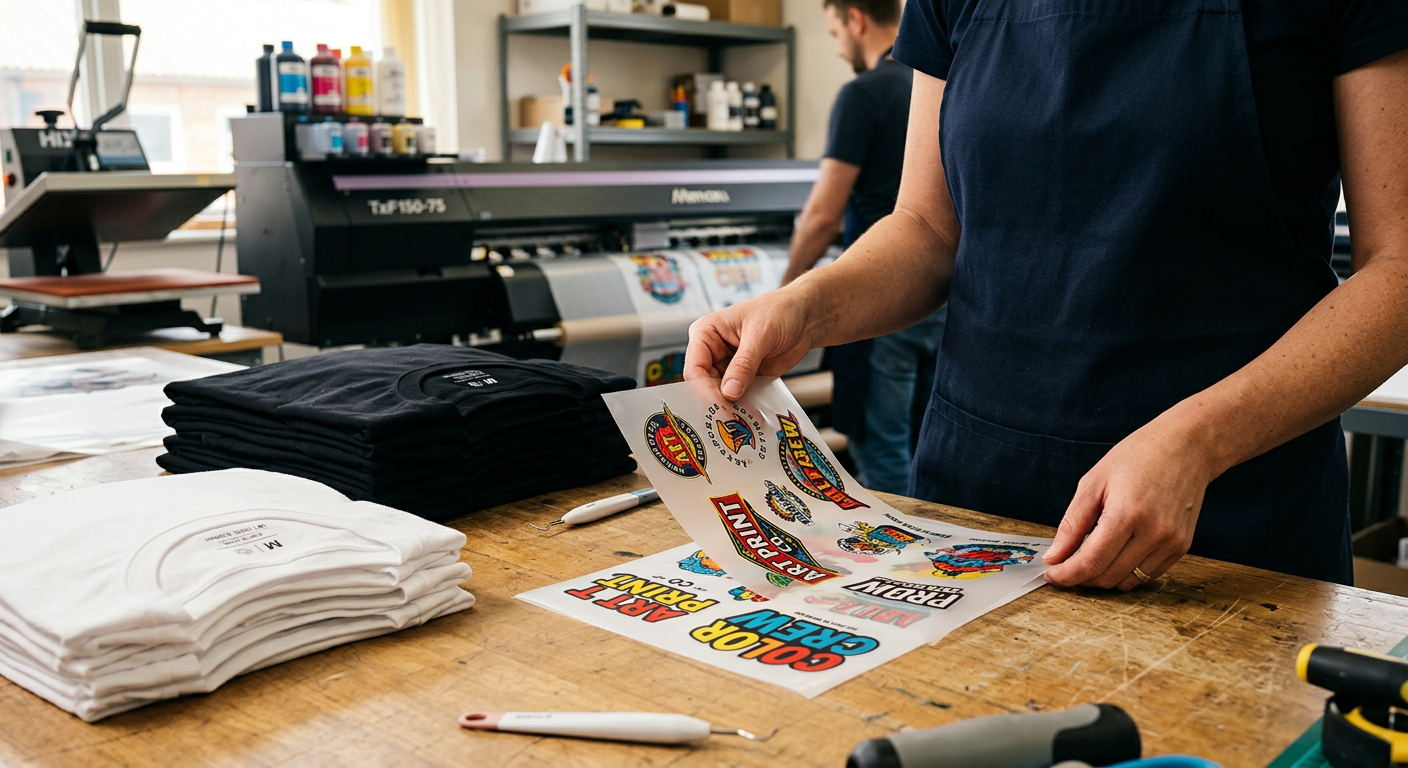 Close-up photorealistic scene of hands inspecting colorful DTF transfers beside blank black and white T-shirts on a produc...