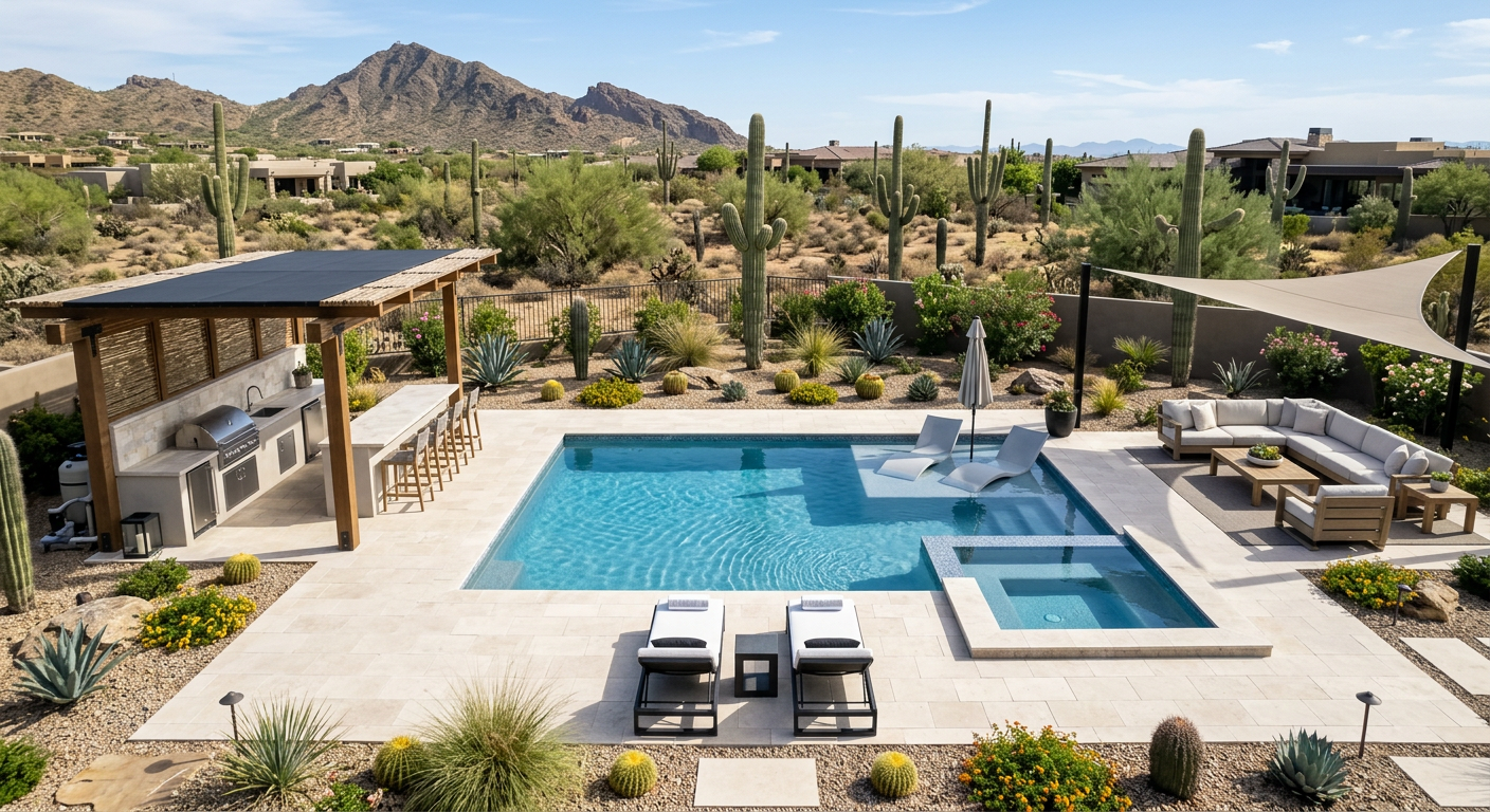 Photorealistic overhead view of a luxury Arizona backyard design concept showing a geometric pool, spa, lounging shelf, ou...