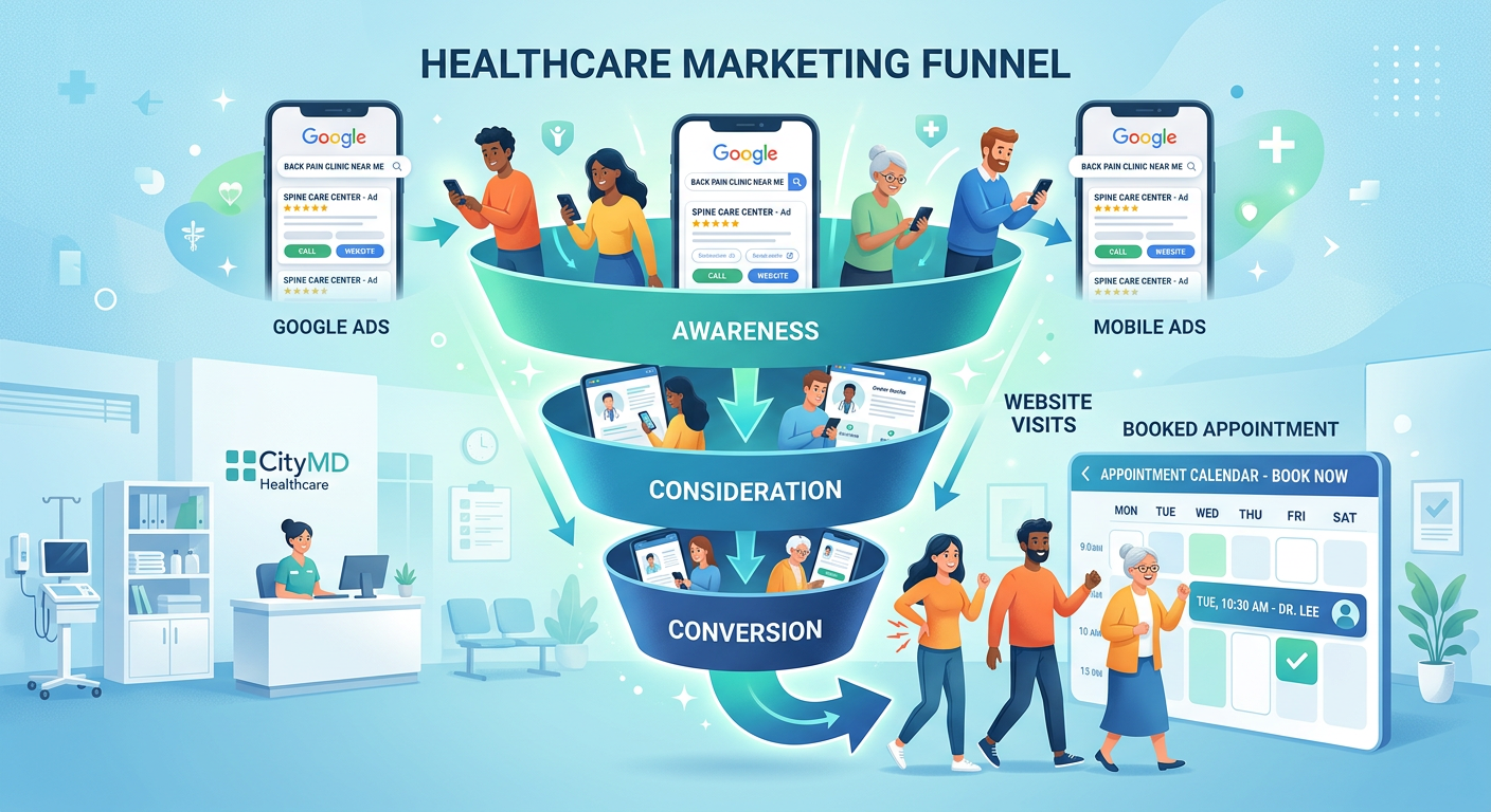 Modern illustrative scene of a healthcare marketing funnel with patients moving from mobile Google ad results to a clinic ...