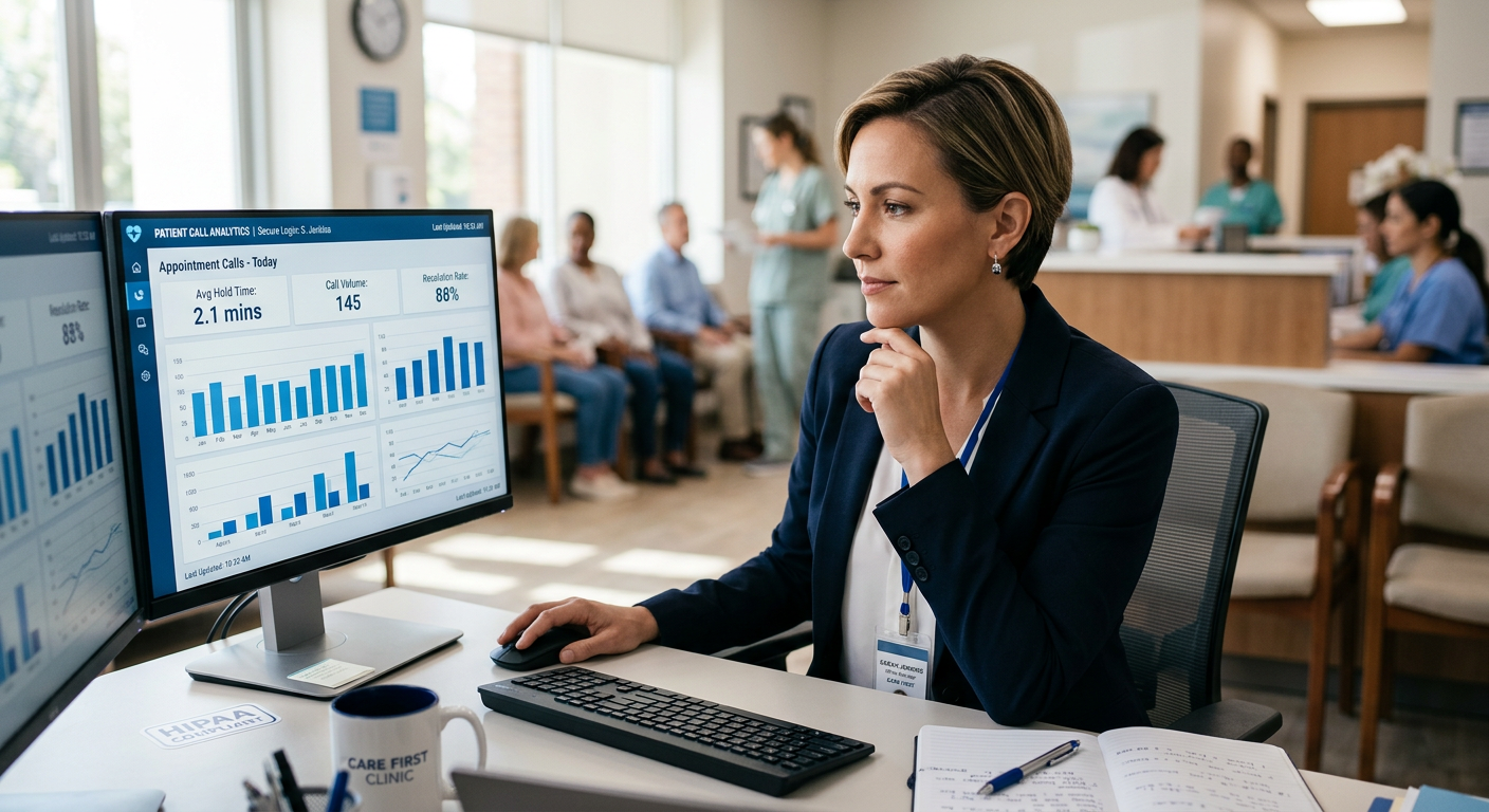 Photorealistic close-up of a medical office manager reviewing appointment call data on a secure dashboard with a blurred c...