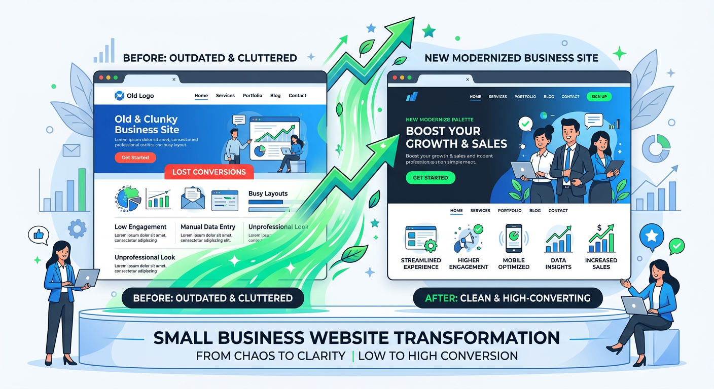 Modern illustration of a small business website transformation, showing an outdated page evolving into a clean high-conver...