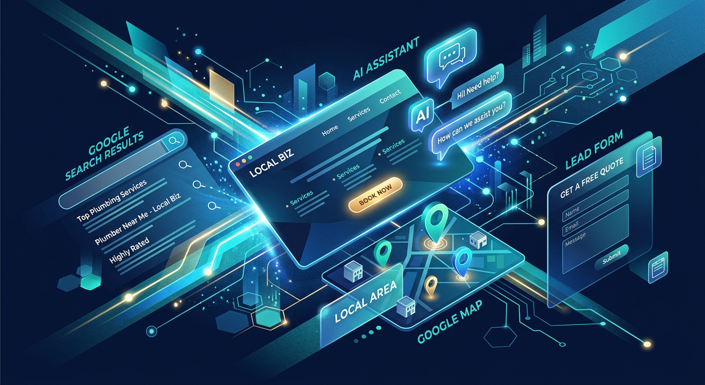 Abstract digital scene showing a local business website connected to Google results, AI assistant bubbles, map pins, and l...