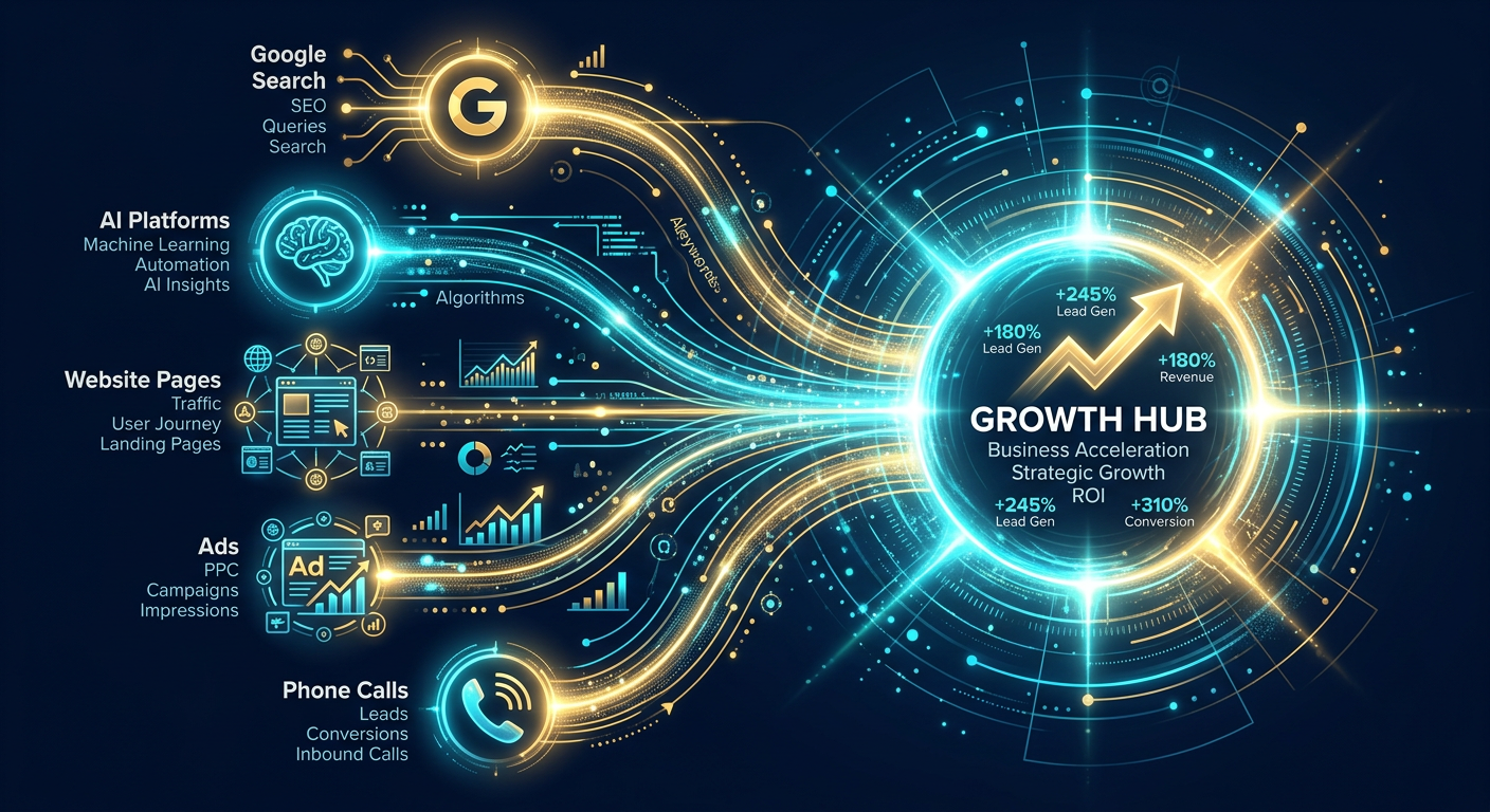 B2B Lead Generation Strategies That Drive Real Growth 3 A professional abstract visual showing connected nodes representing Google search, AI platforms, website pages, ads, and p...