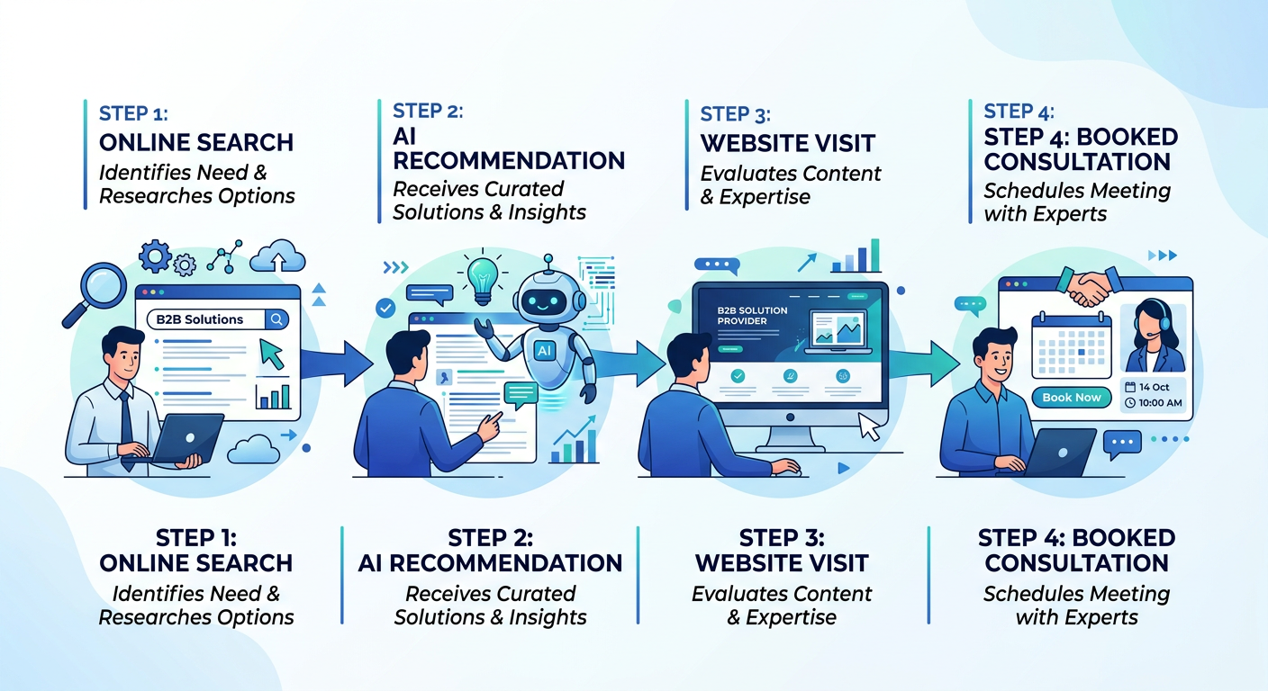 B2B Lead Generation Strategies That Drive Real Growth 2 A clean modern illustration of a B2B buyer journey flowing from online search to AI recommendation to website visit to boo...