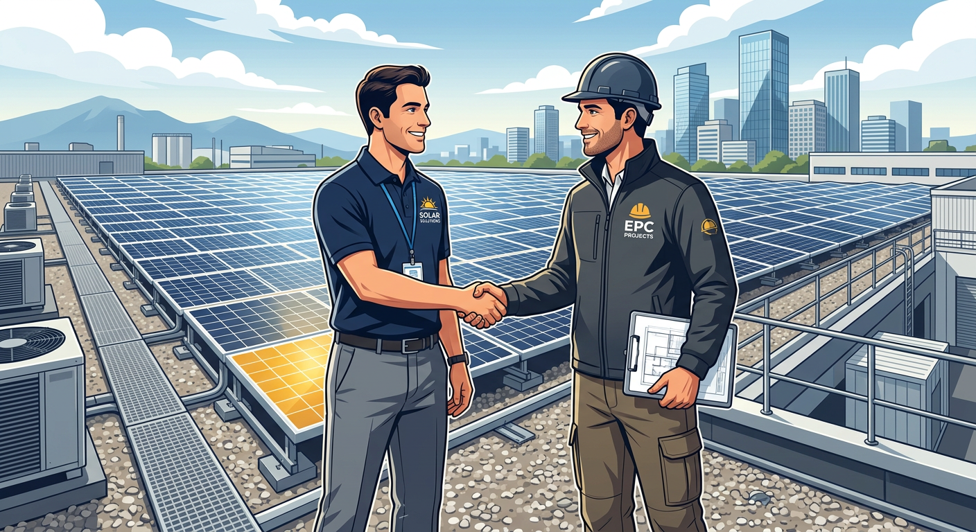 Independent Solar | Solar Sub EPC Services for Dealer Growth and Commercial Trust Modern illustration of a solar dealer shaking hands with an EPC project manager in front of a commercial rooftop solar arr...