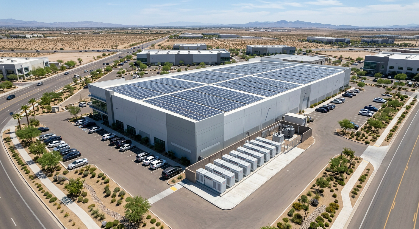 Independent Solar | Solar Sub EPC Services for Dealer Growth and Commercial Trust Photorealistic aerial view of a commercial property with rooftop solar panels and battery cabinets near the utility area, ...