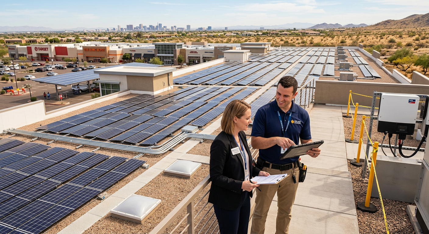 Modern commercial rooftop solar installation on a retail and office complex, with a sales representative reviewing plans w...