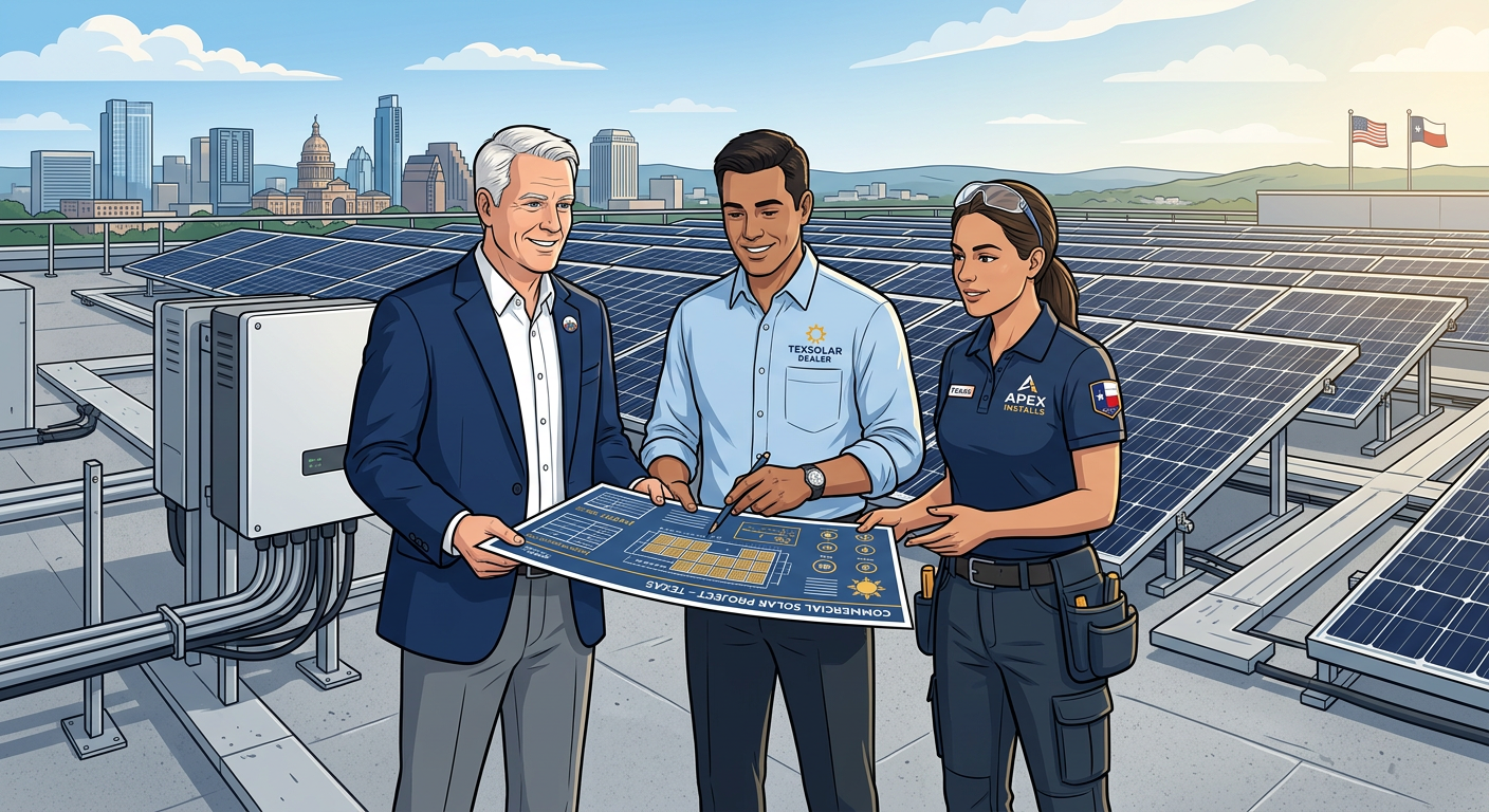 Modern professional illustration of a Texas commercial property owner, solar dealer, and installation manager reviewing so...