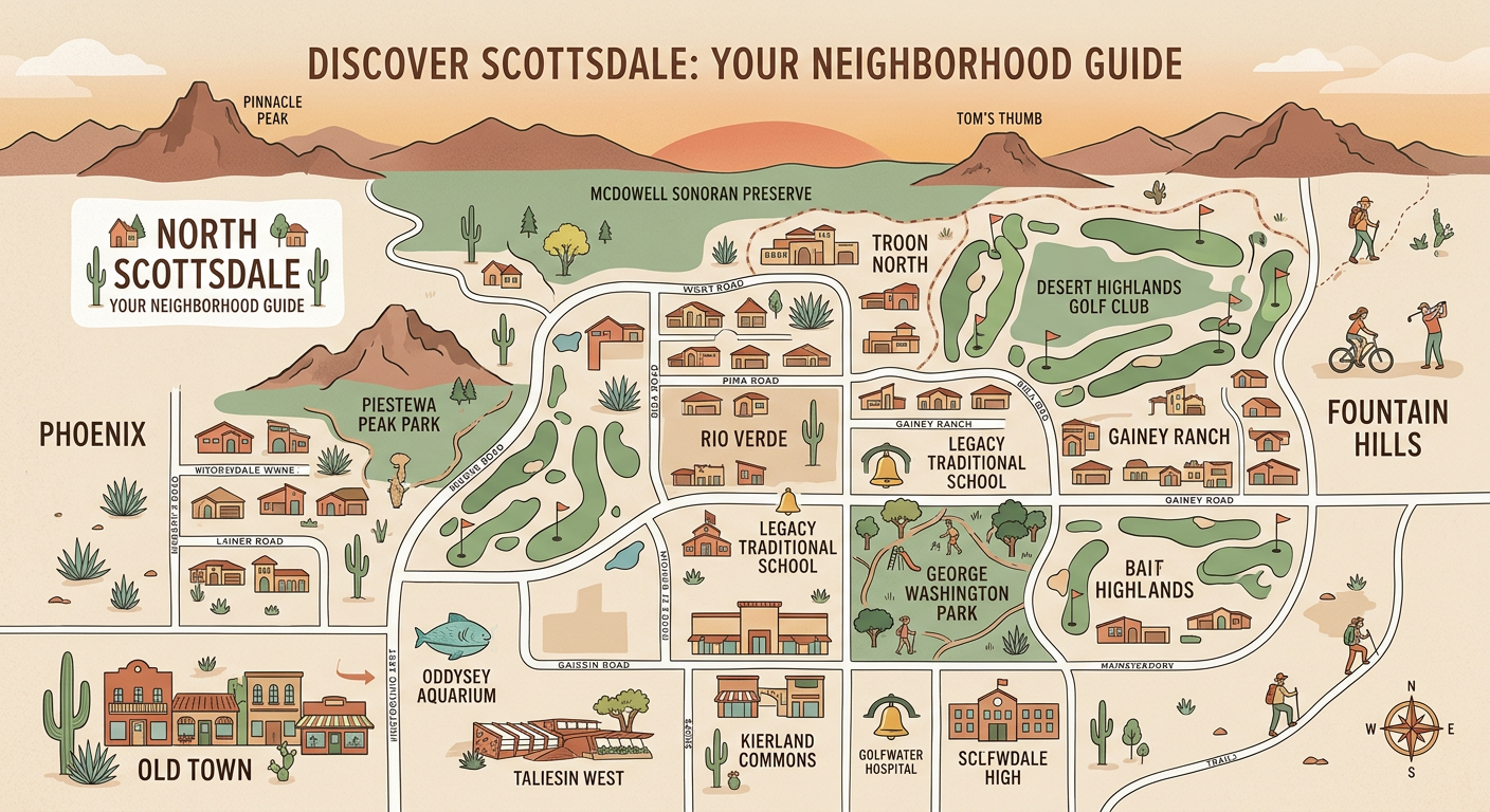 Modern illustrated map-style scene of Scottsdale neighborhoods with desert colors, small homes, golf courses, schools, par...