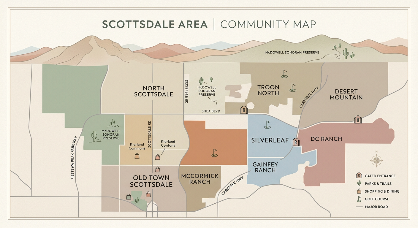 Scottsdale Gated Communities Map: Best Areas to Compare AZ 13 Modern illustrated Scottsdale area map concept with soft desert colors, simplified neighborhood zones, gated entry icons, ...