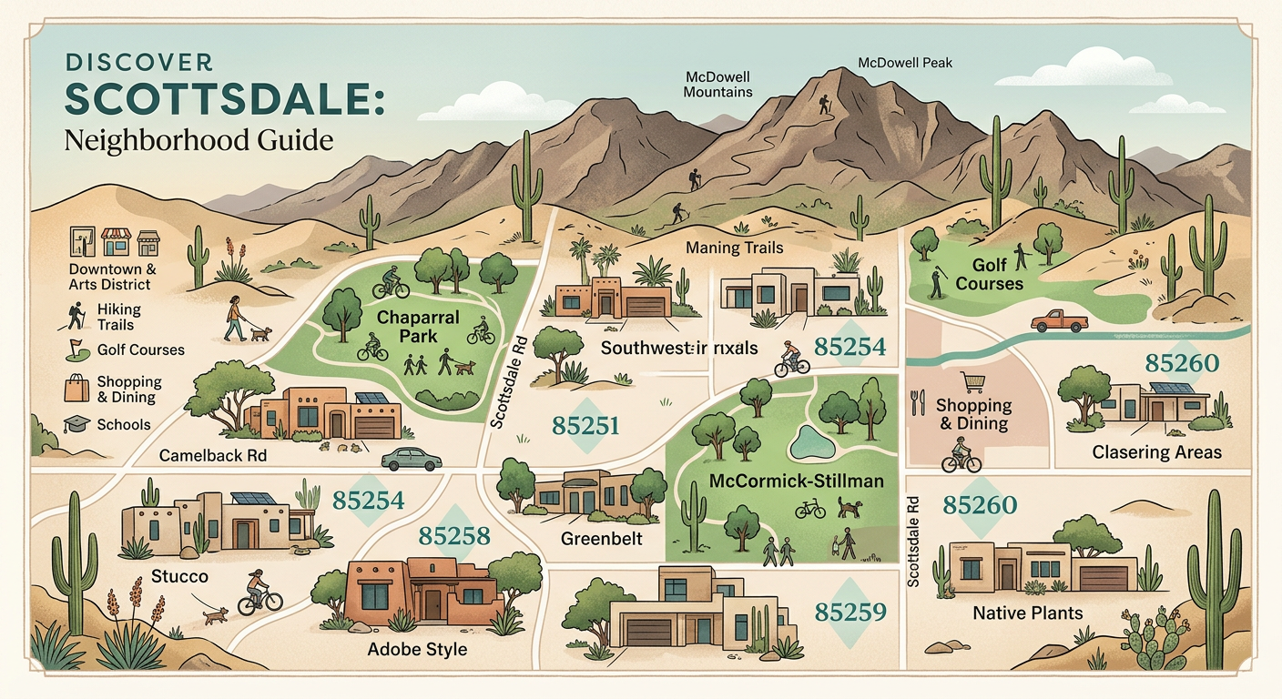 Modern illustrated neighborhood comparison map of Scottsdale showing desert homes, green parks, mountain backdrops, and su...