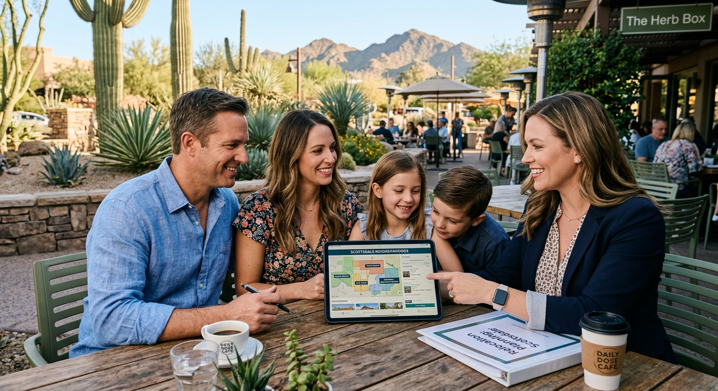Photorealistic family and real estate advisor reviewing Scottsdale neighborhood options on a tablet at an outdoor cafe, de...