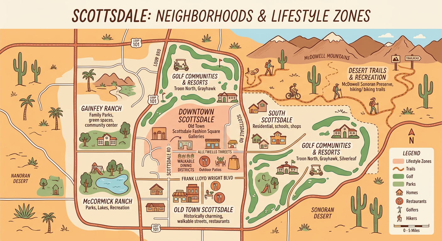 Modern illustrated Scottsdale neighborhood map concept showing distinct lifestyle zones, desert trails, family parks, golf...