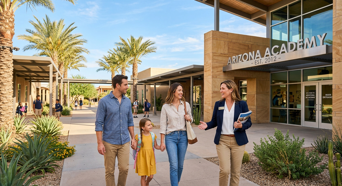 Photorealistic scene of parents touring a Scottsdale school campus with a local real estate guide, modern desert architect...