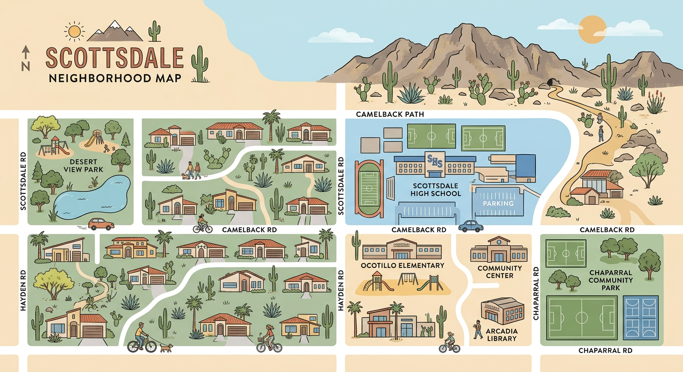 Clean editorial illustration of a Scottsdale neighborhood map with soft colored zones, school buildings, desert landscapin...
