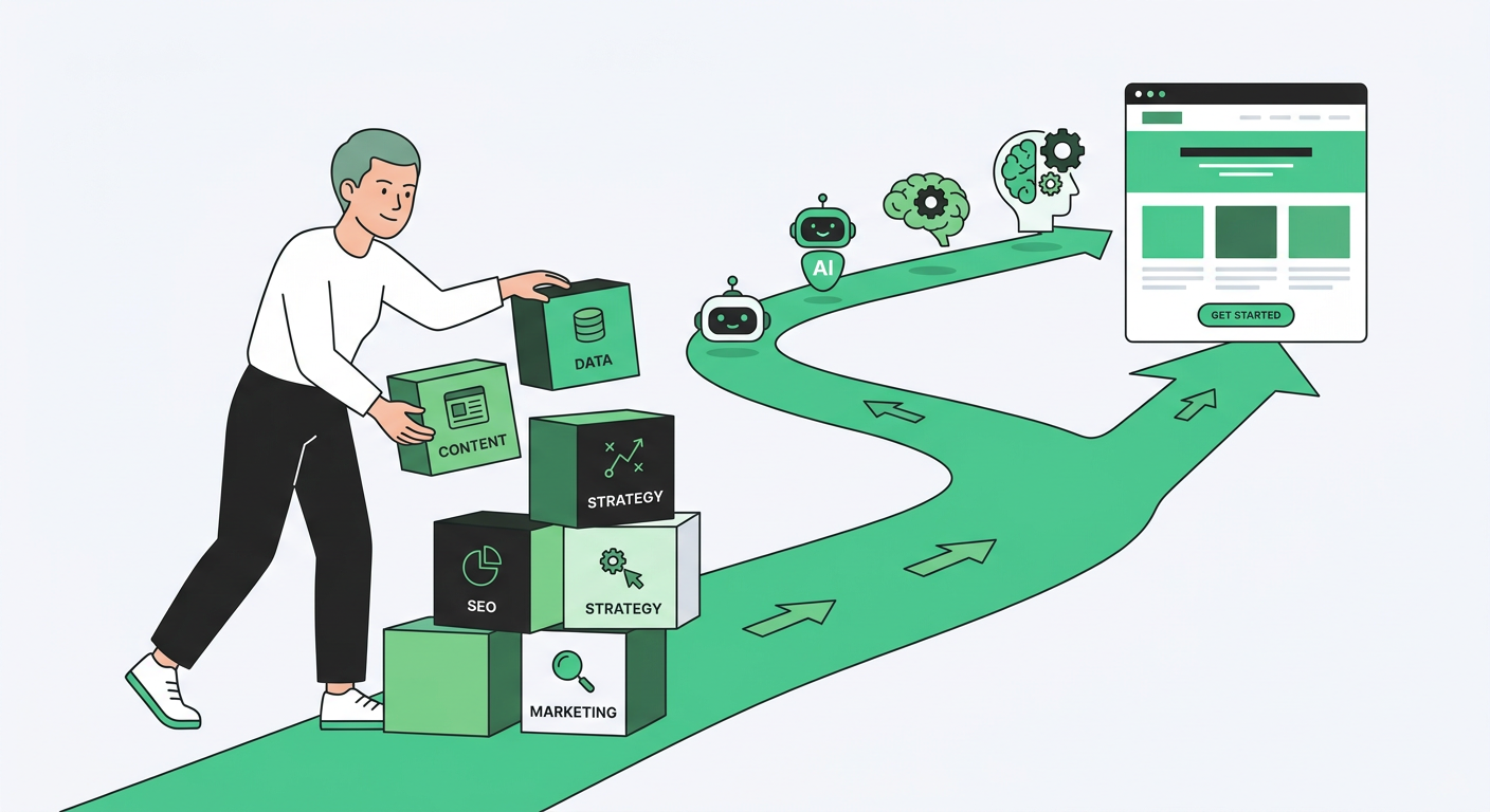 Clean flat vector illustration of one entrepreneur placing content blocks into a growth path toward AI assistant icons and...