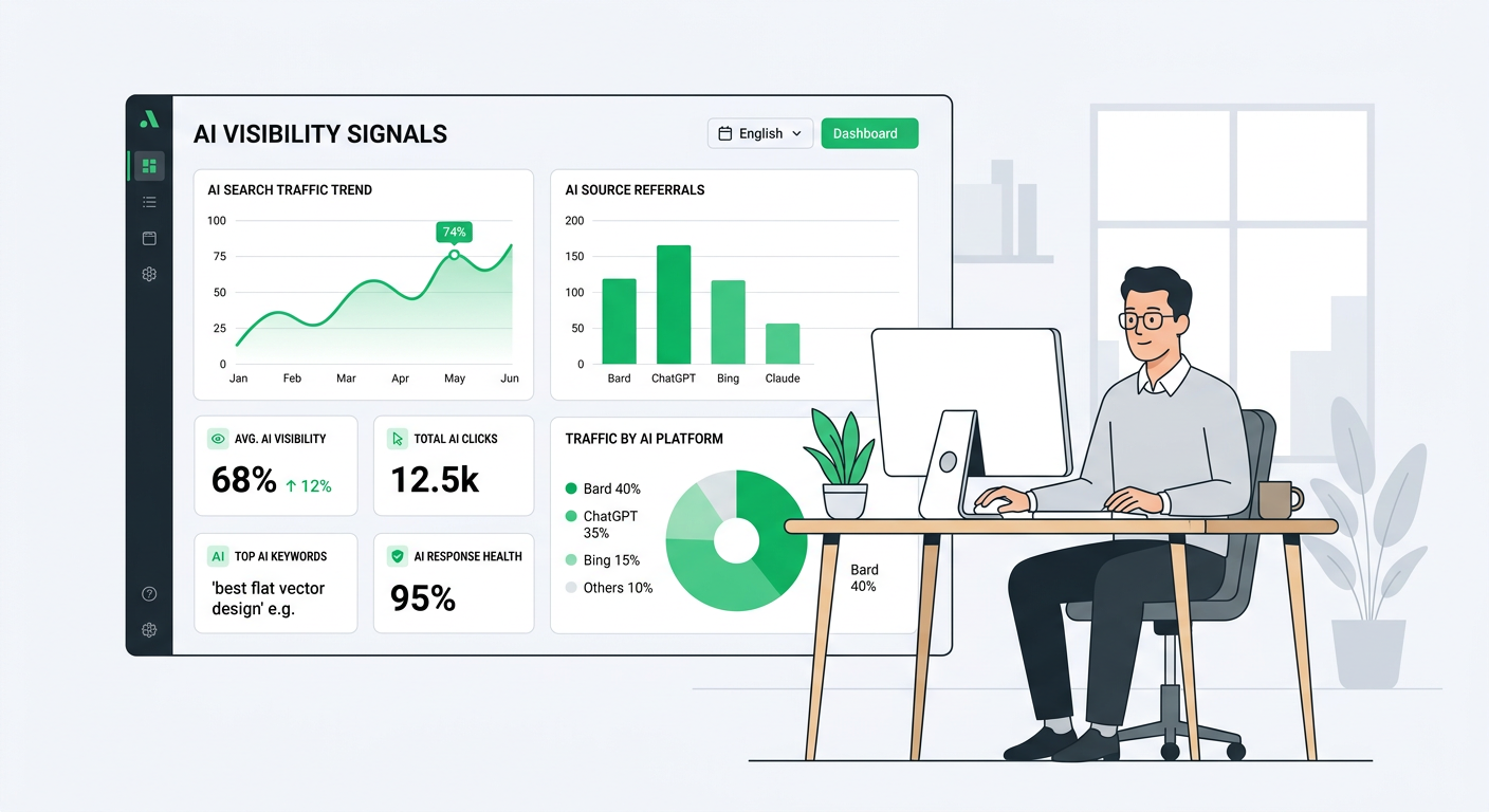 Modern flat vector illustration of one website owner reviewing AI visibility signals on a clean dashboard, solid #F7F8FB b...