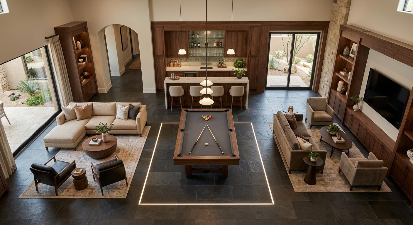 Photorealistic overhead view of a Scottsdale luxury game room layout with a custom pool table, lounge seating, cue clearan...