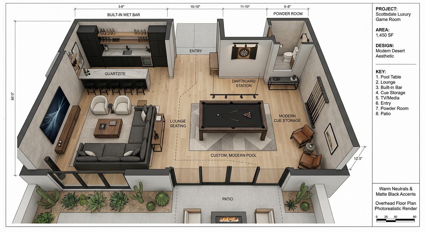 Photorealistic overhead view of a Scottsdale luxury game room floor plan with modern pool table, lounge seating, built-in ...