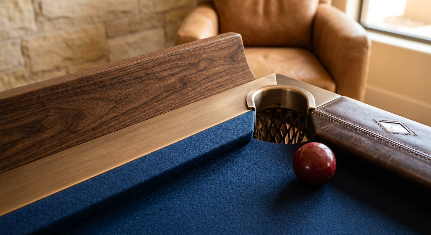 Close-up photorealistic detail of luxury custom pool table materials, walnut wood grain, brushed bronze metal, premium bil...