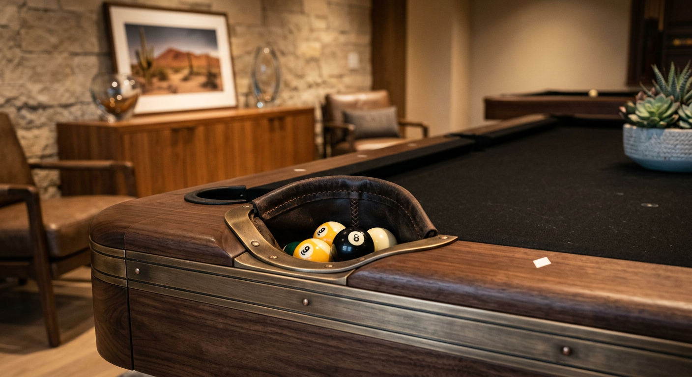 Photorealistic close-up of a custom modern pool table corner with dark walnut rails, black cloth, brushed bronze metal det...