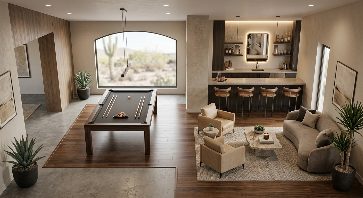Elegant overhead photorealistic view of a Scottsdale luxury game room floor plan scene with modern pool table, lounge seat...