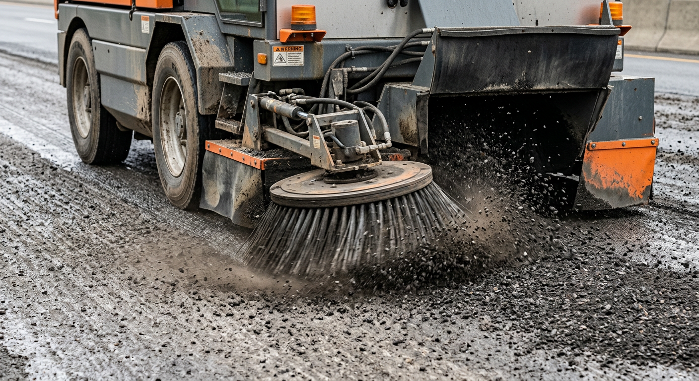 Photorealistic mid-article image of an unbranded mechanical broom sweeper cleaning loose asphalt millings from a freshly m...