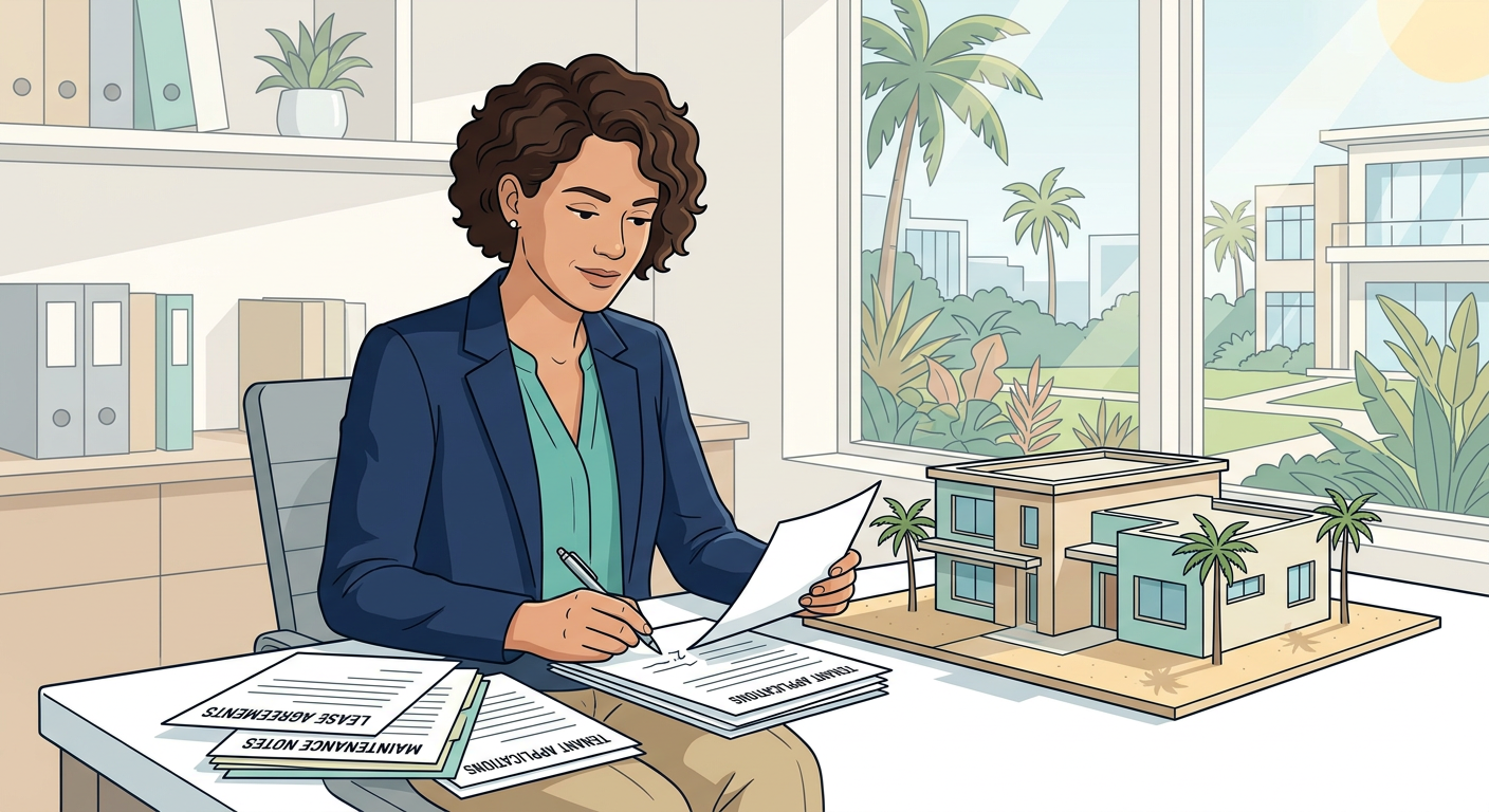 Modern editorial illustration of a South Florida landlord reviewing lease papers, maintenance notes, and tenant applicatio...