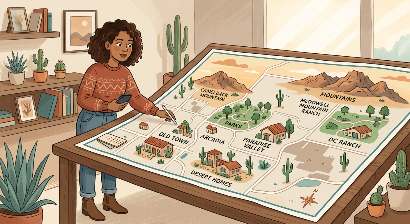 Modern editorial illustration of a Scottsdale buyer comparing neighborhood options on a large map, with desert homes, gree...