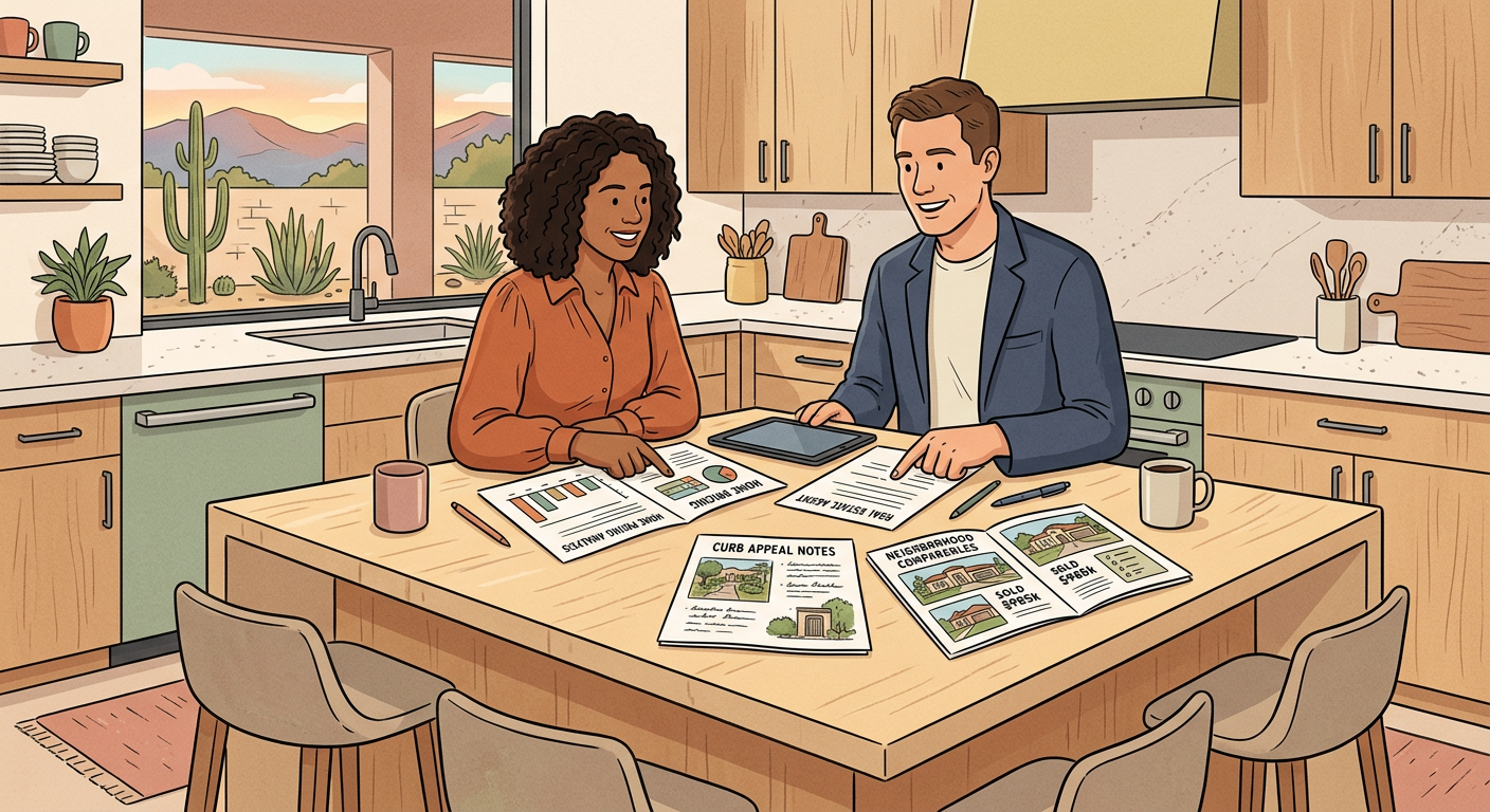 Modern editorial illustration of a Scottsdale seller reviewing home pricing, curb appeal notes, and neighborhood comparabl...