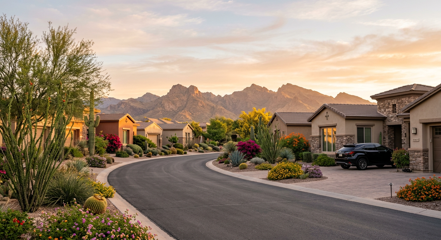 Photorealistic scene of a quiet Scottsdale residential street with single-level homes, desert landscaping, flowering shrub...