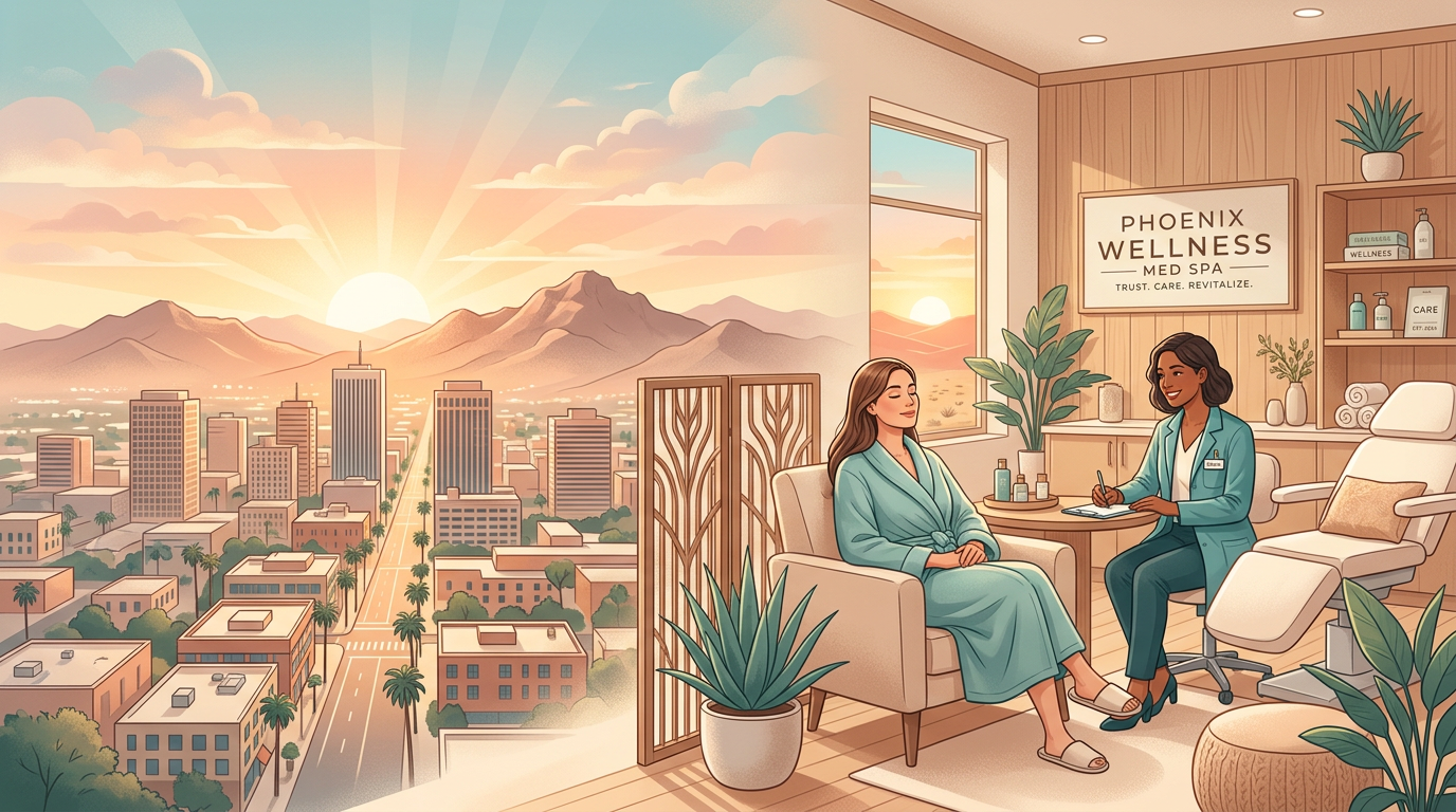 Facial Hair Removal Clinics Mesa: Permanent Hair Care Guide | Electrolysis Permanent Hair Removal in Phoenix | Senza Pelo Med Spa Modern illustrative scene of the Phoenix metro area at sunrise with subtle desert mountains, a calm med spa interior overl...