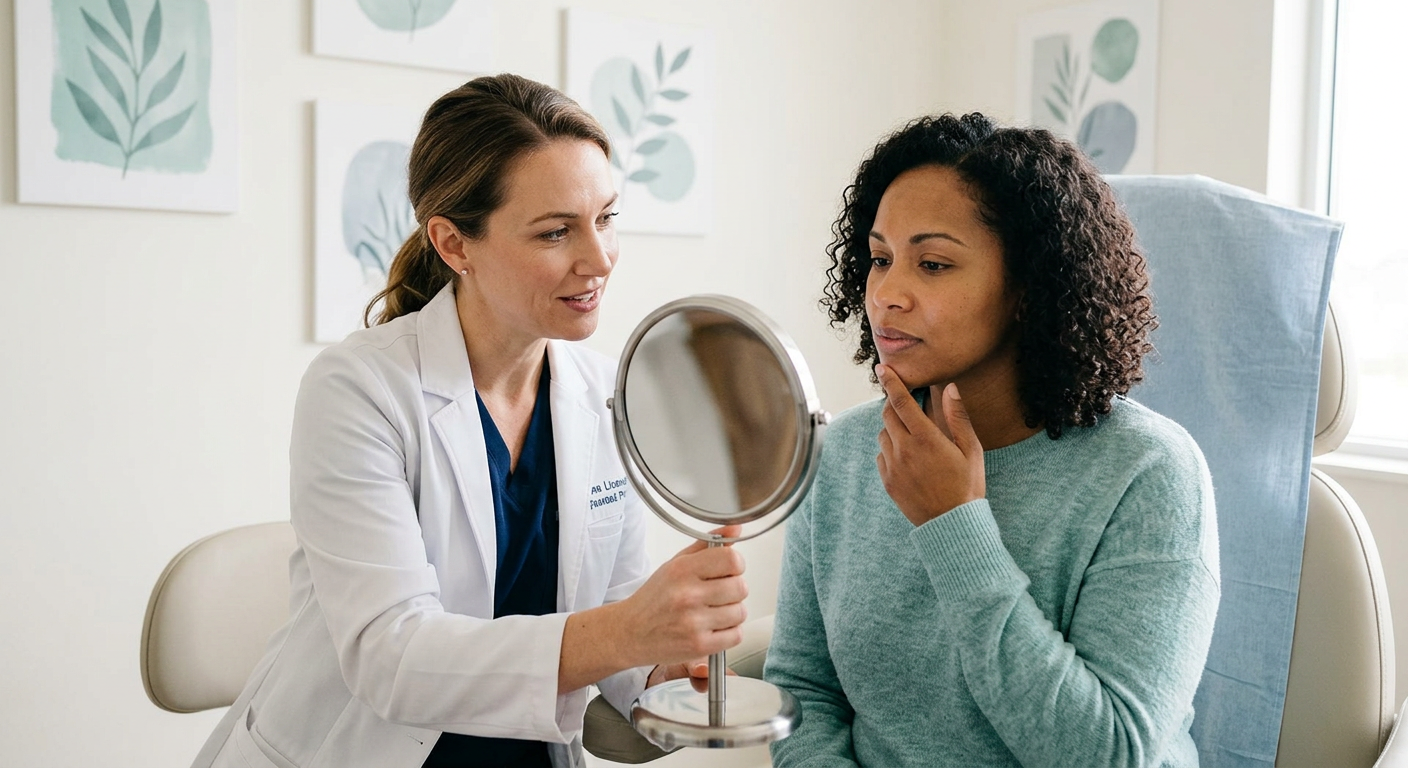 Facial Hair Removal Clinics Mesa: Permanent Hair Care Guide | Electrolysis Permanent Hair Removal in Phoenix | Senza Pelo Med Spa Close-up photorealistic image of a licensed provider consulting with an adult client in a clean treatment room, reviewing ...