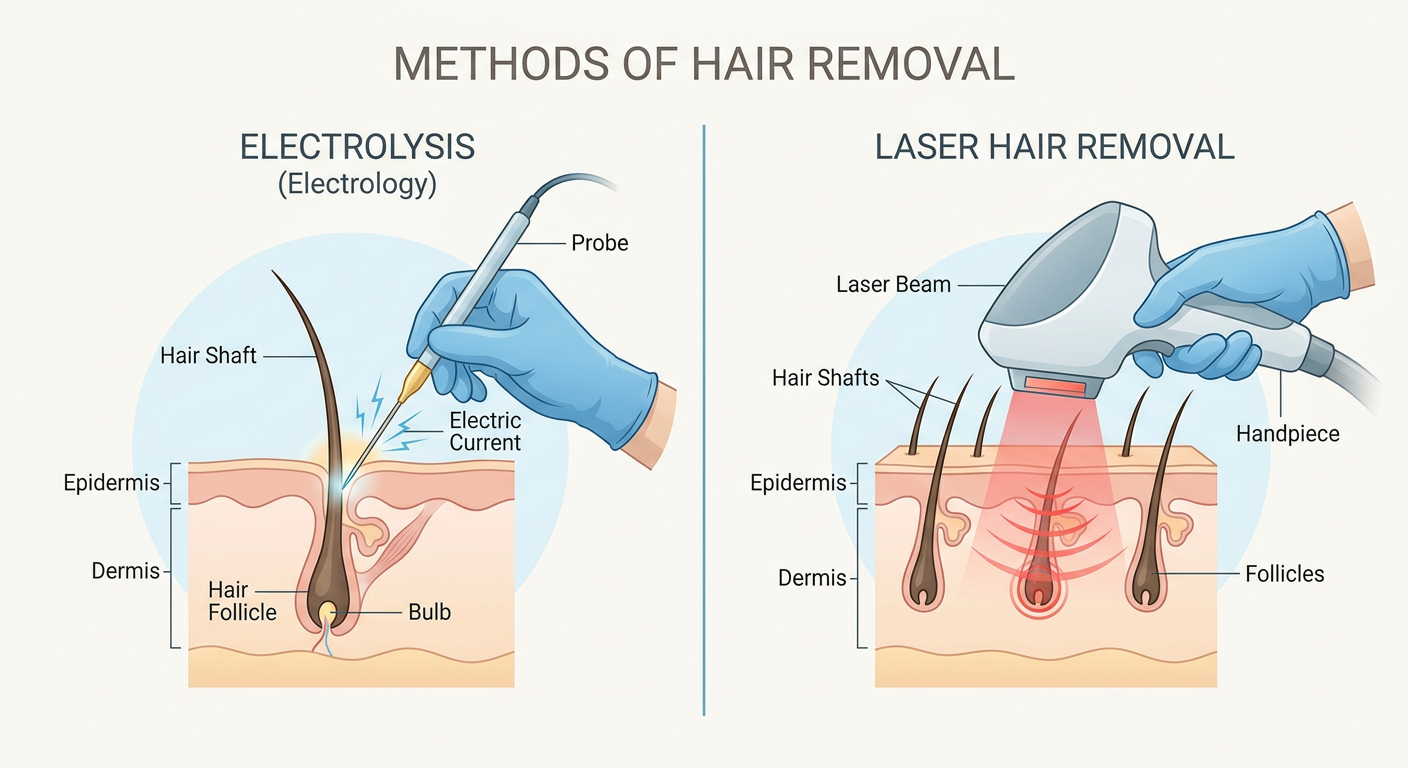 Modern side-by-side educational illustration showing an electrolysis probe treating one follicle and a laser handpiece tre...