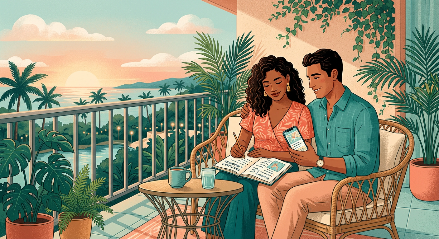 Modern editorial illustration of a couple sitting together on a hotel balcony with a notebook and phone, reviewing boundar...