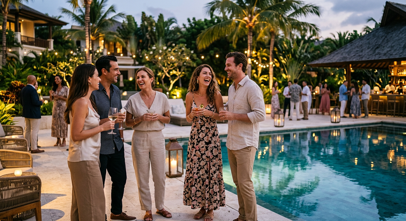 Photorealistic scene of an upscale resort welcome party with stylish adults in resort wear laughing near a softly lit pool...
