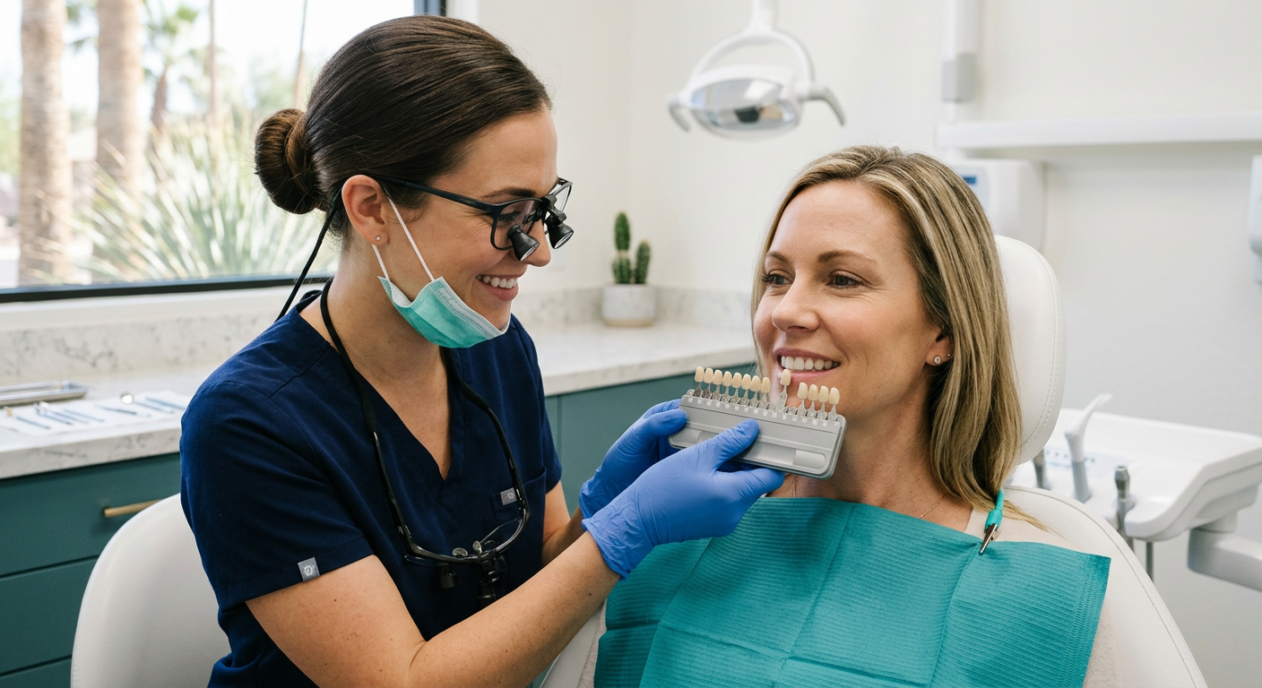 Teeth Whitening Scottsdale AZ for a Brighter Confident Smile | Scottsdale Dentist | Cosmetic & Family Dentist 85250 Photorealistic close-up of a female dentist gently comparing tooth shade with an adult patient using a shade guide, modern...