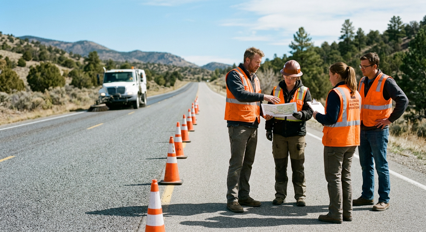 Modern editorial-style image of a Colorado road maintenance crew planning chip seal sweeping beside cones and an unbranded...