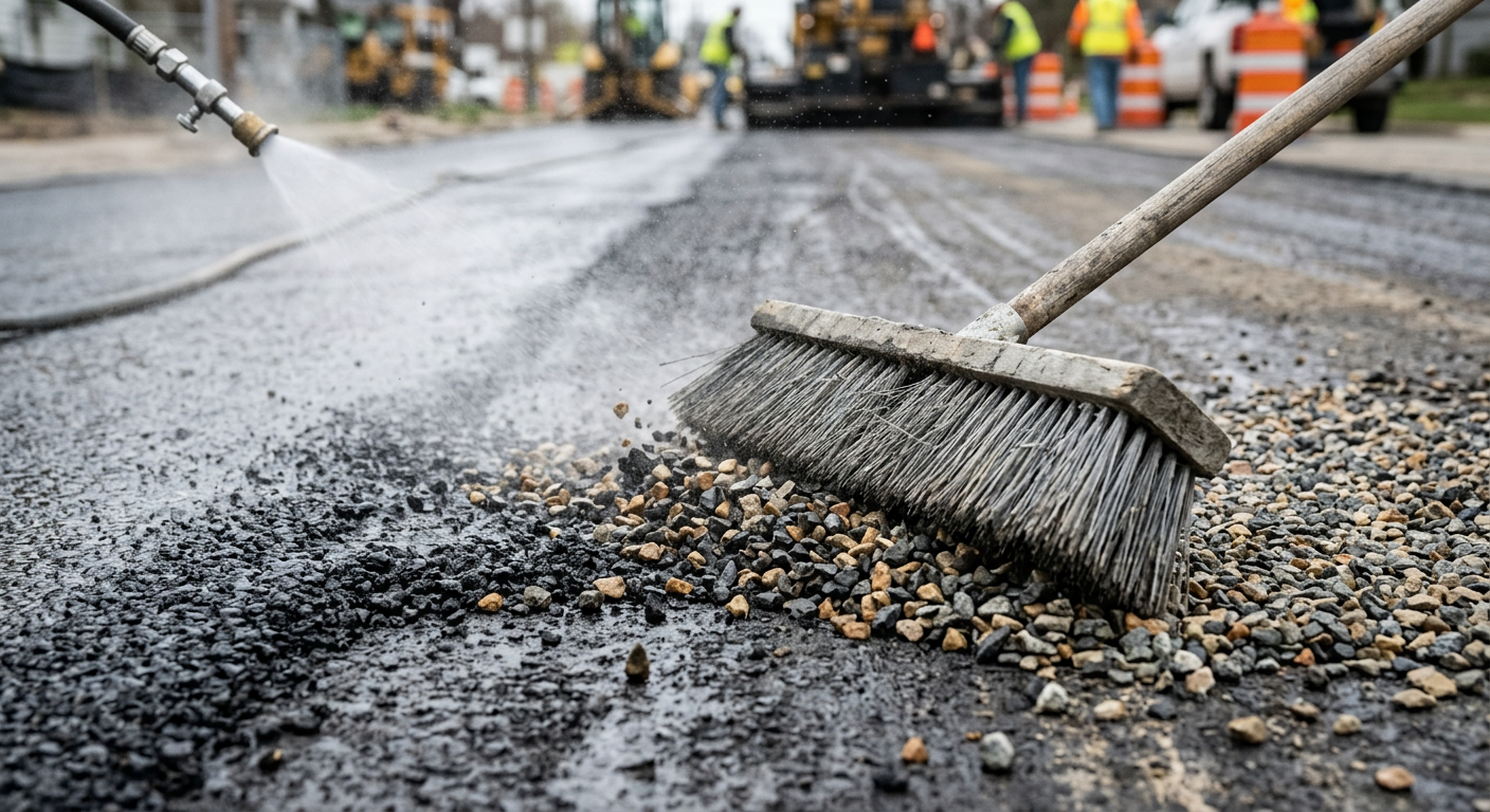 Close-up photorealistic view of loose chip seal aggregate being swept from fresh asphalt pavement by an unbranded broom he...