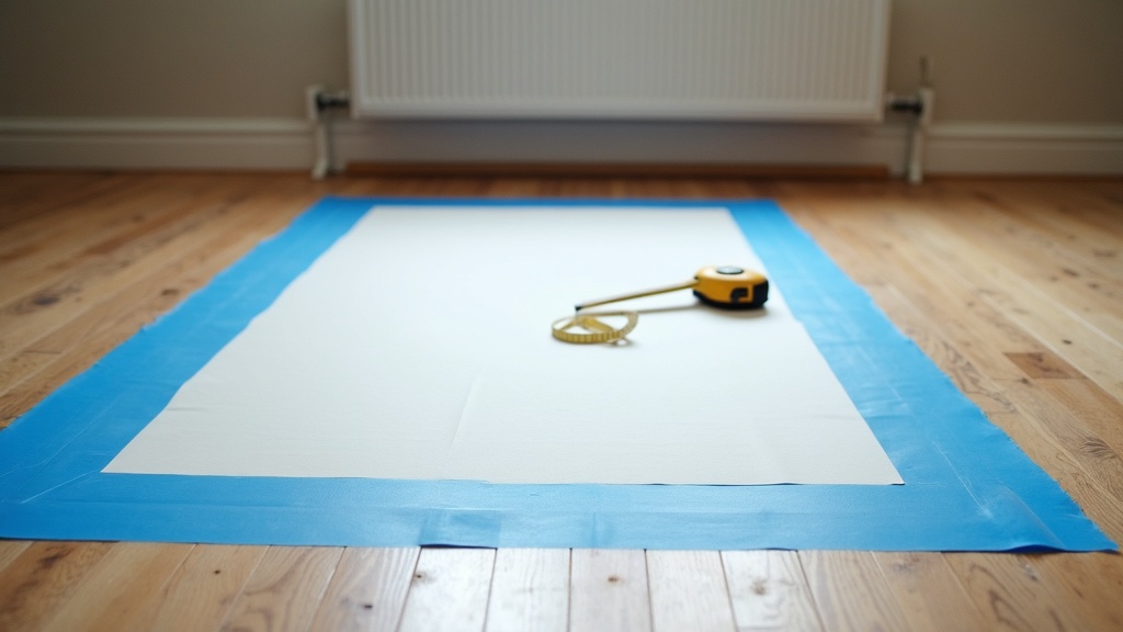 Painter's tape marking sofa footprint on living room floor