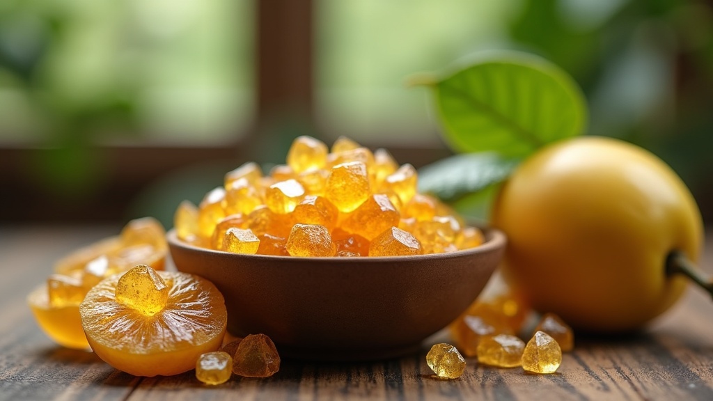 Monk fruit sweetener crystals in a bowl with fresh monk fruit on wooden table, natural lighting, food photography