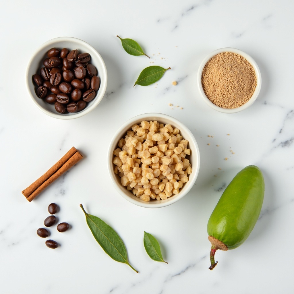 Monk fruit sweetener crystals arranged with coffee beans, cinnamon, and green monk fruit on marble, natural light