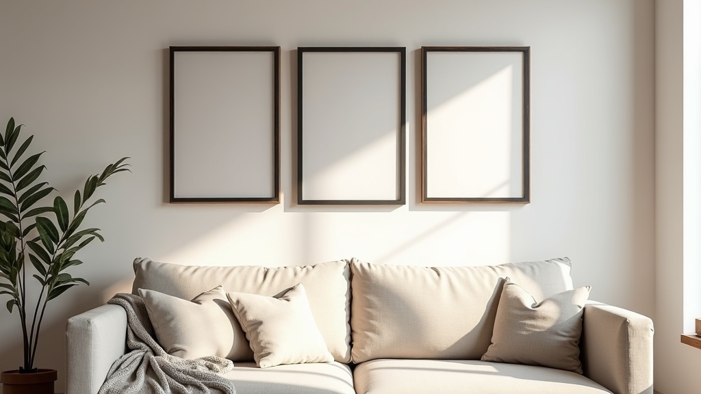 Gallery wall positioned correctly just above a linen sofa in a warm living room