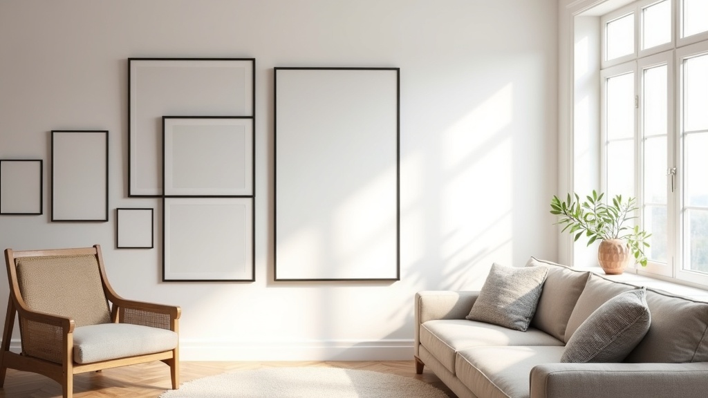Gallery wall in a calm Scandinavian living room with mixed frames and soft natural light